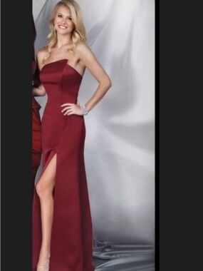 Strapless Burgundy Evening Gown with Front Slit